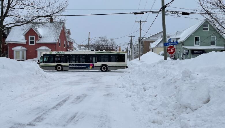 A Codaic Transpo bus driving along a snowy street. 