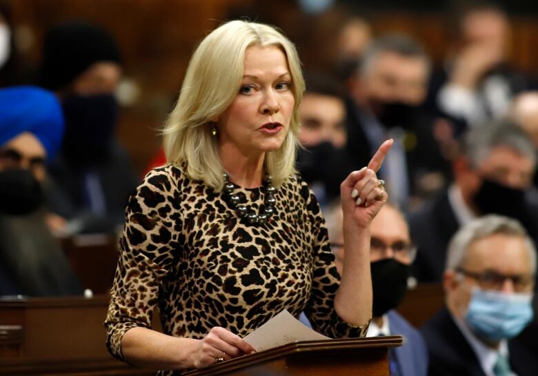 A blonde woman in an animal print shirt points her finger in the air as she speaks emphatically at a podium.