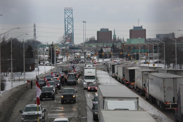 trucks and cars backed up near the Ambassador Bridge