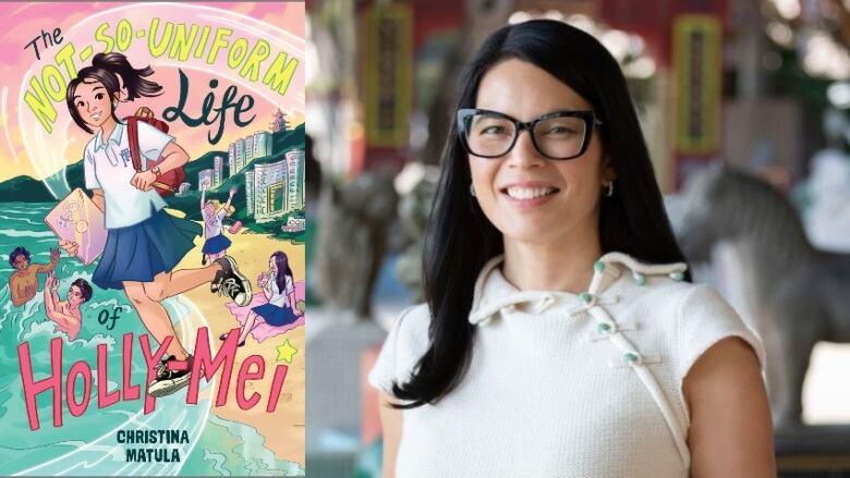 A bright book cover featuring young girl in a school uniform beside an Asian woman with long hair and square black glasses smiling at the camera. 