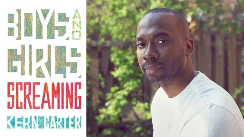 A composite image of a portrait of a Black man looking into the camera beside a white book cover with the words Boys and Girls Screaming.