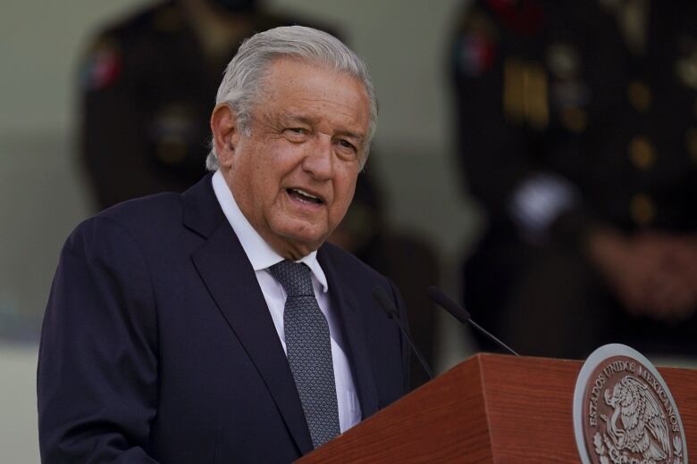 Mexican President Andrs Manuel Lpez Obrador speaks during a military parade introducing the new army commander in Mexico City, on Aug. 13, 2021.