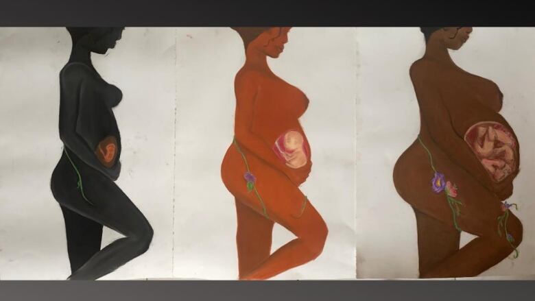 An art piece showing three different states of human gestation