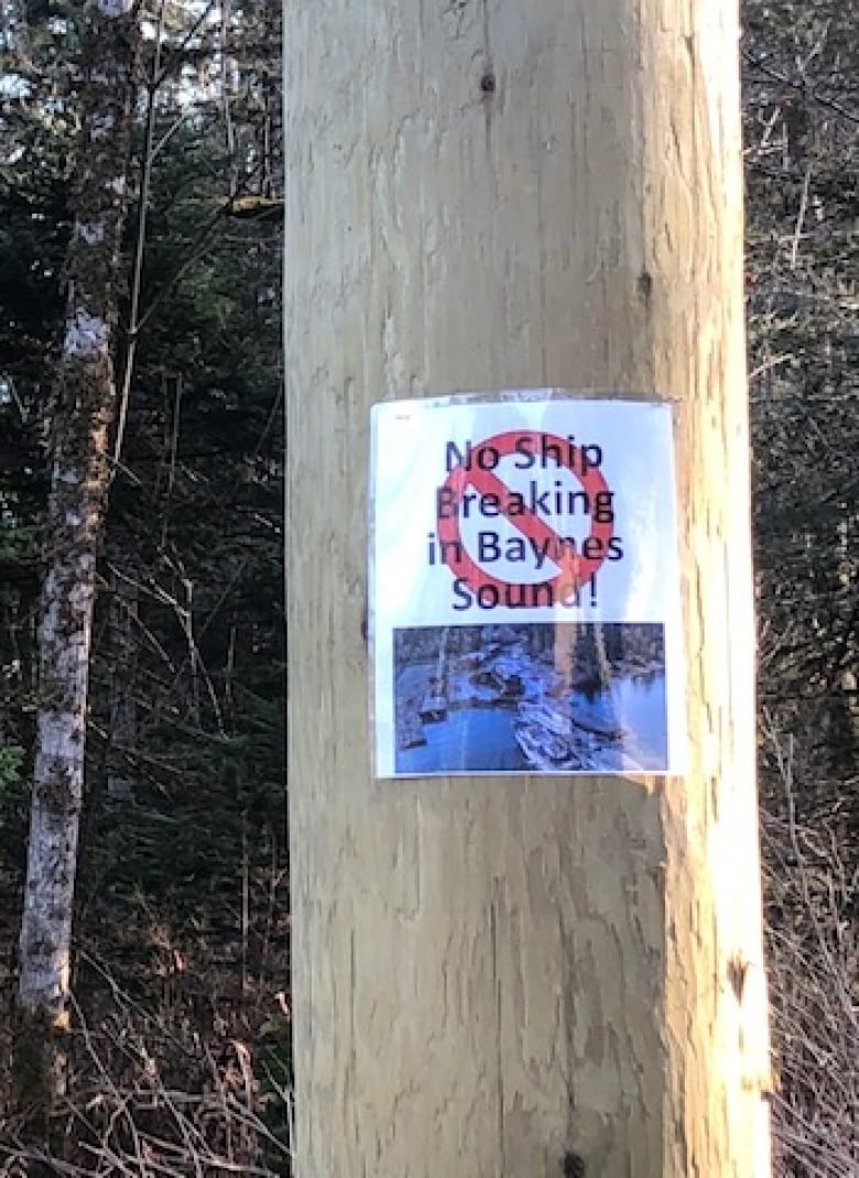 A sign that says no ship breaking in baynes sound