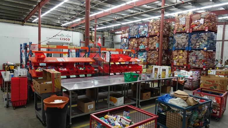 Boxes and bin filled with non-perishable items in a large warehouse. 