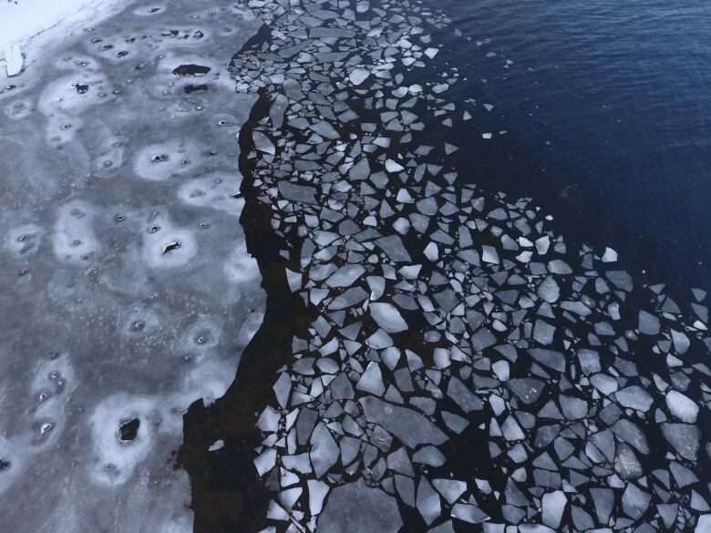 Chunks of broken ice are shown from an aerial photograph. 