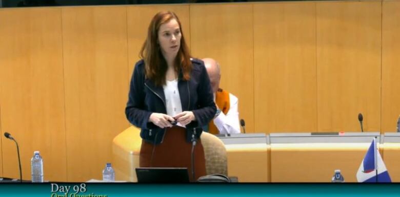 Woman stands in from of microphone in legislative assembly.