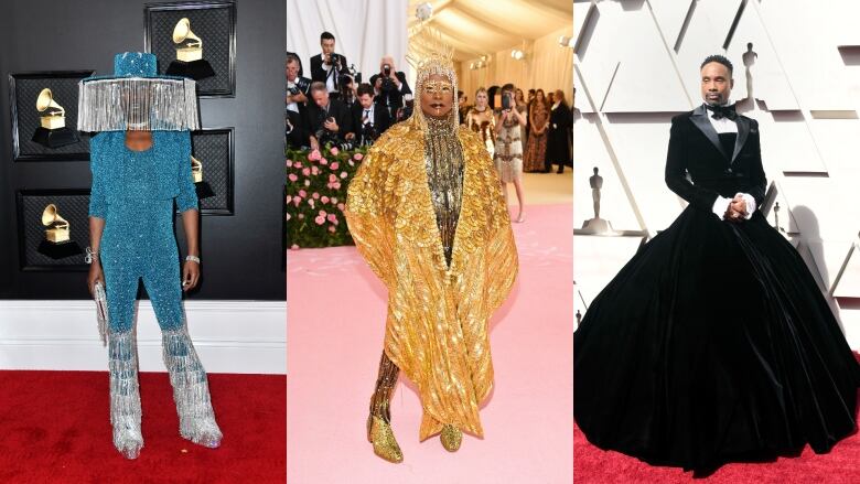 Billy Porter attending (left to right) the 2020 Grammys, 2019 Met Gala, and 2019 Academy Awards.