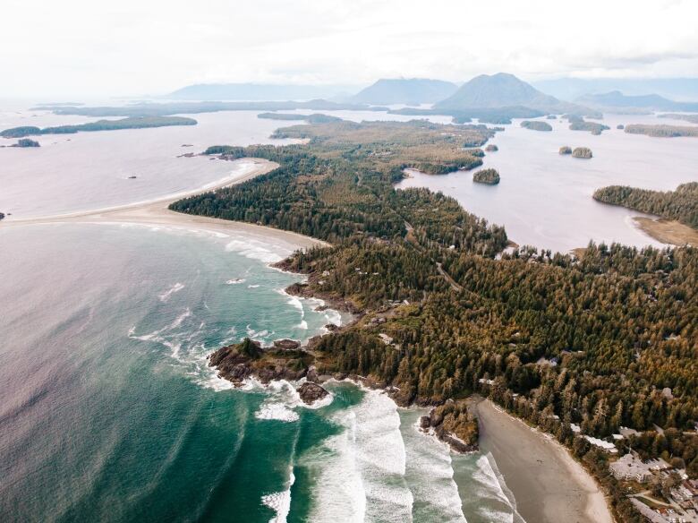 Vancouver Island Tofino sunset from above with drone