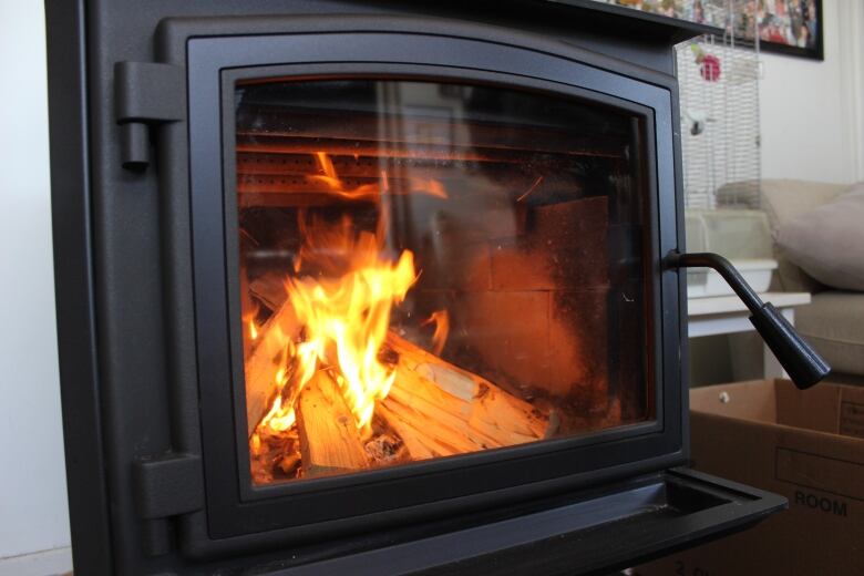 Logs of wood burn inside a wood stove.