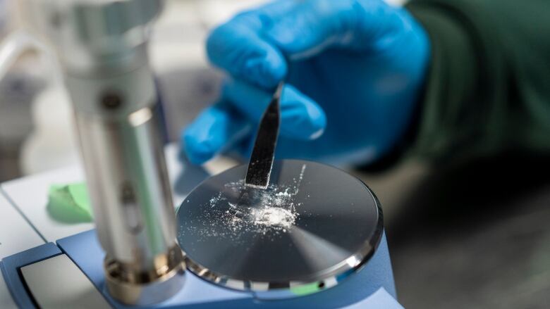 A gloved hand holds a steel medical tool over white powder on a microscope specimen stage.