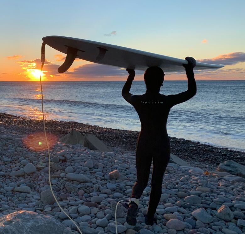 Silhouette of a person holding surf board above their head