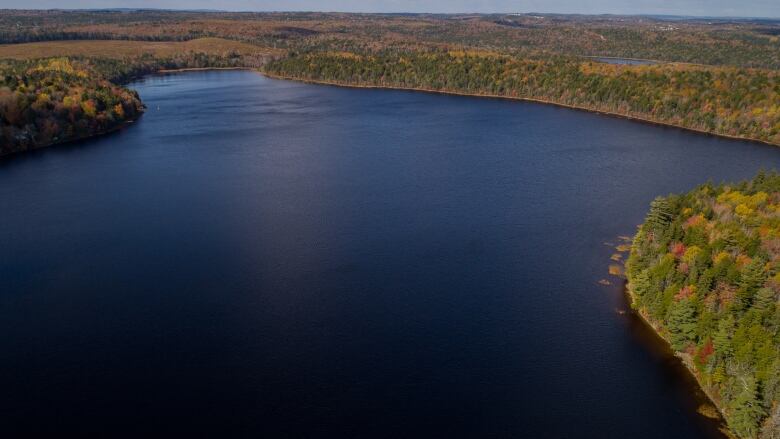 An overhead view of a blue lake shows trees in fall colour stretching out into the background