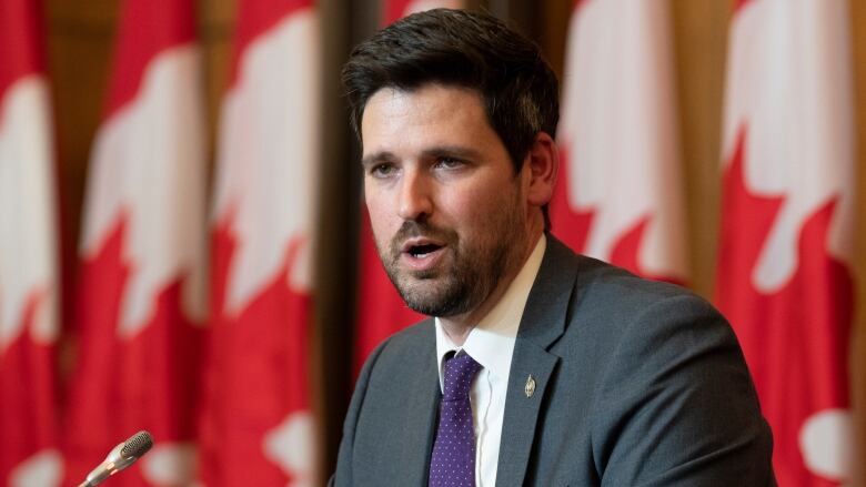 A minister speaks at a podium lined with Canadian flags.