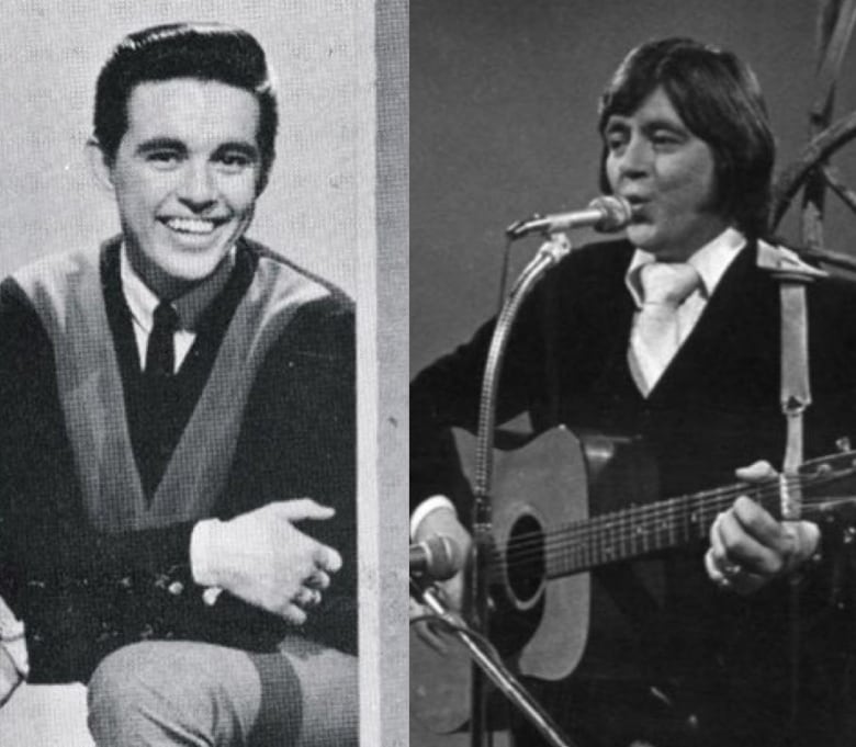 Side-by-side black-and-white photos of a young man singing