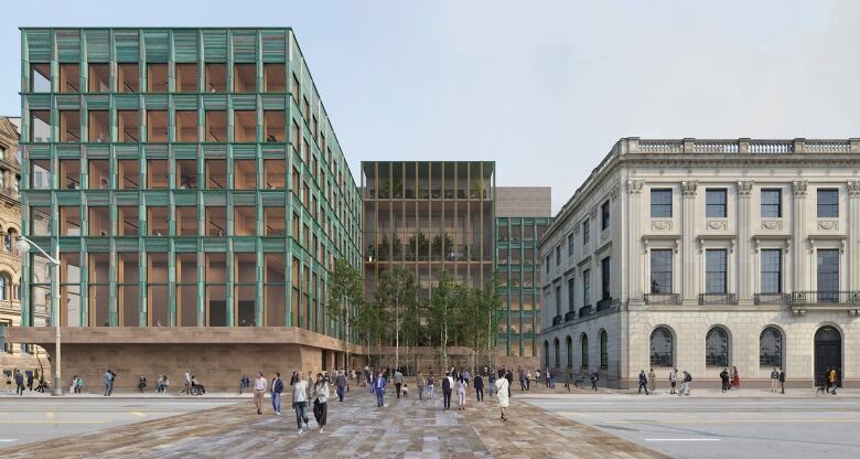 a green and brown building rendered with people walking