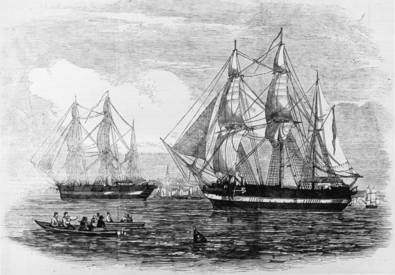 A drawing of two large ships, with people in small boats nearby.