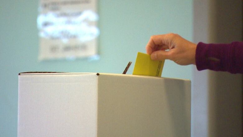 A voter places their ballot in a ballot box.