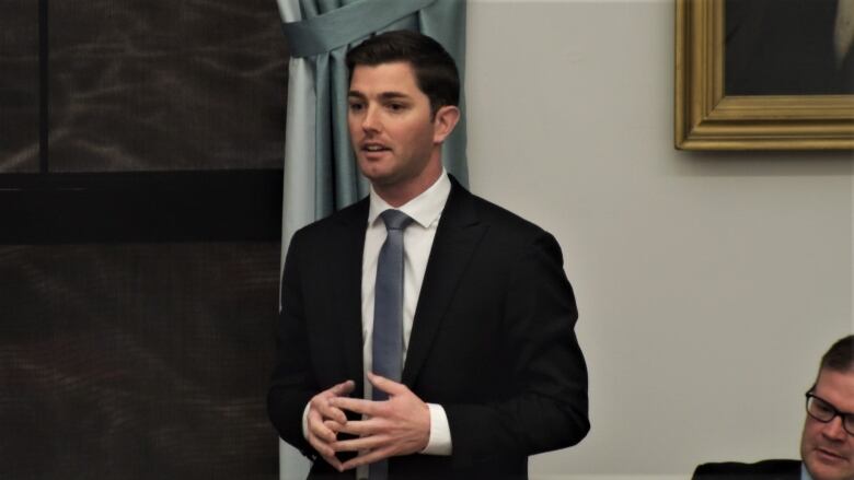 Man in business suit stands in legislative chamber.