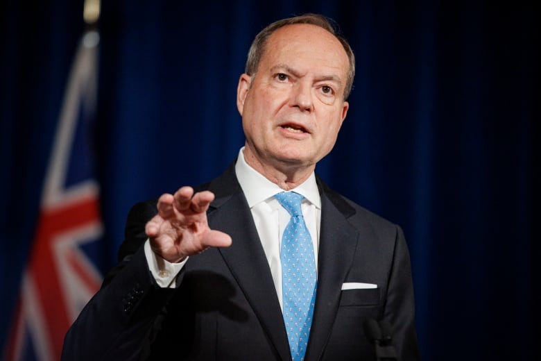 Finance Minister Peter Bethlenfalvy speaks to the media before tabling the Ontario budget, at Queens Park, in Toronto, on April 28, 2022.