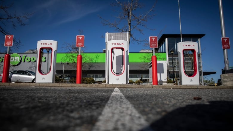 A Tesla electric vehicle charging station is pictured in Surrey, British Columbia on Monday April 11, 2021.