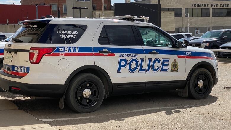 File - A Moose Jaw Police Service cruiser is parked outside the service's headquarters in Moose Jaw, Sask., on April 28, 2022. 