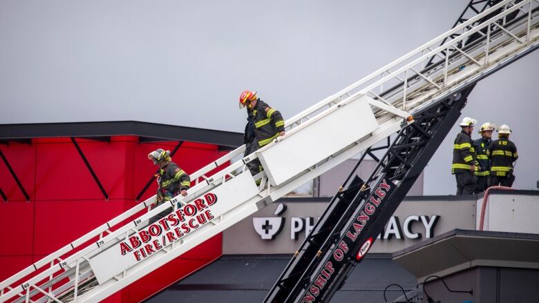 Fire fighters on a ladder.