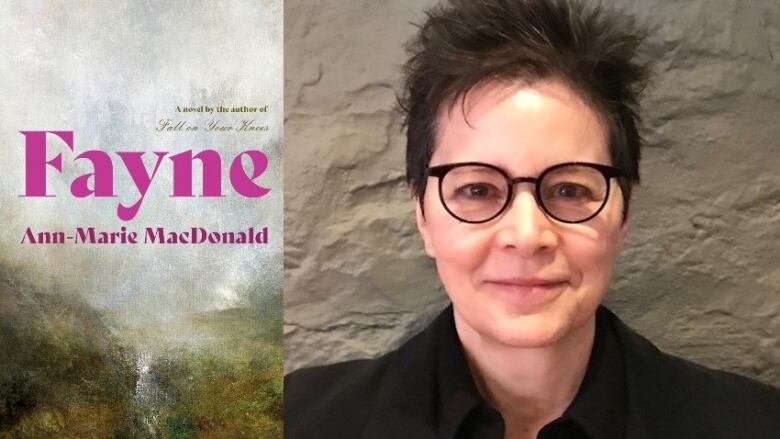 A composite photo of book cover featuring a painting of a landscape next to the author, wearing glasses with short born hair.