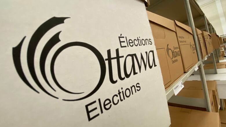 A photo of a white cardboard box used by the City of Ottawa's election office.