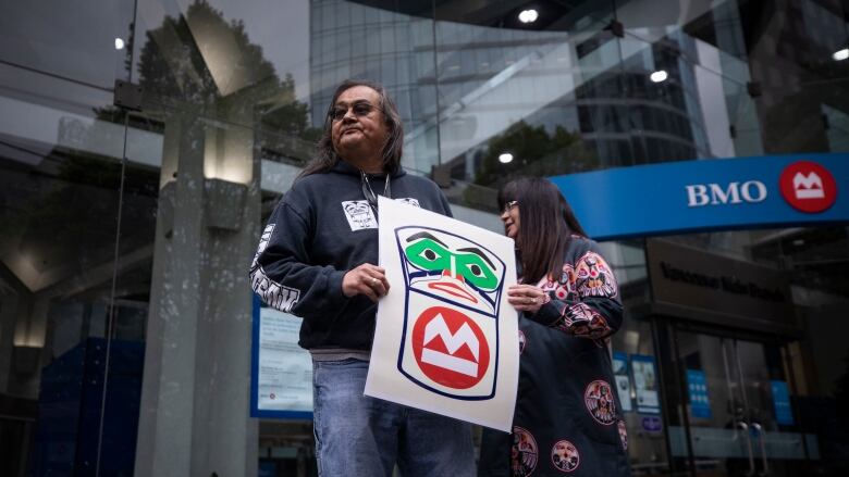 A man holds a poster that shows an Indigenous design and the BMO logo