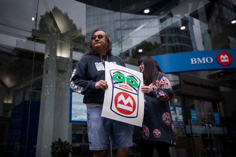 A man holds a poster that shows an Indigenous design and the BMO logo