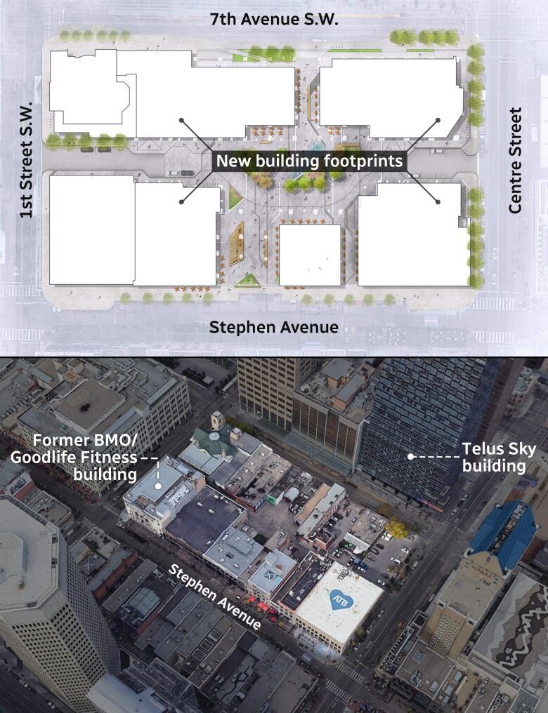 A collage of a map and a bird's eye view photo showing the development plans