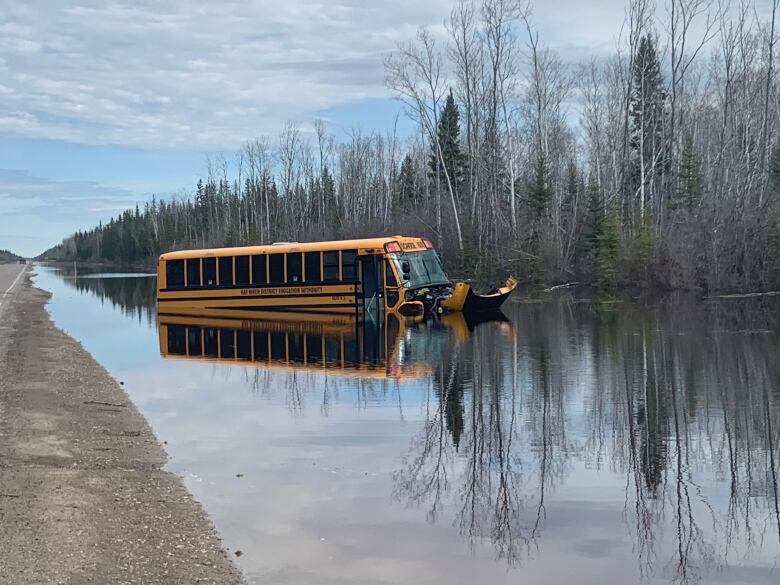 A bus is submerged in water along a ditch. 