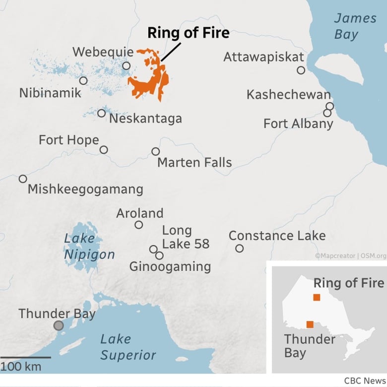 A map showing the Ring of Fire, a crescent-moon shaped suspected mineral cache some 500 kilometres northeast of Thunder Bay.