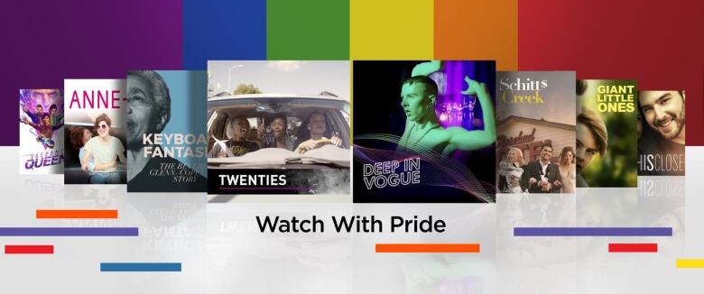 Several title cards of shows featuring LGBT+ talent or subject matter are displayed on a rainbow background.