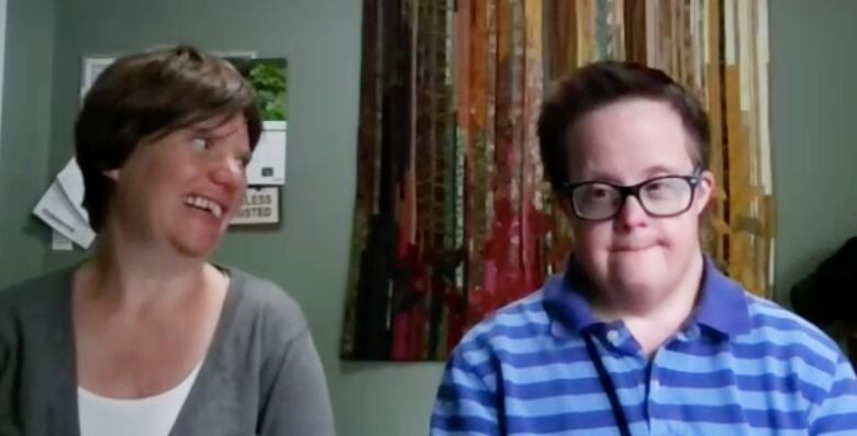 Two women are shown from the shoulders up in a screen grab taken from a Zoom video call. Camille Marquis, left, and Amy McMillan both want to live on their own in stable, affordable housing.