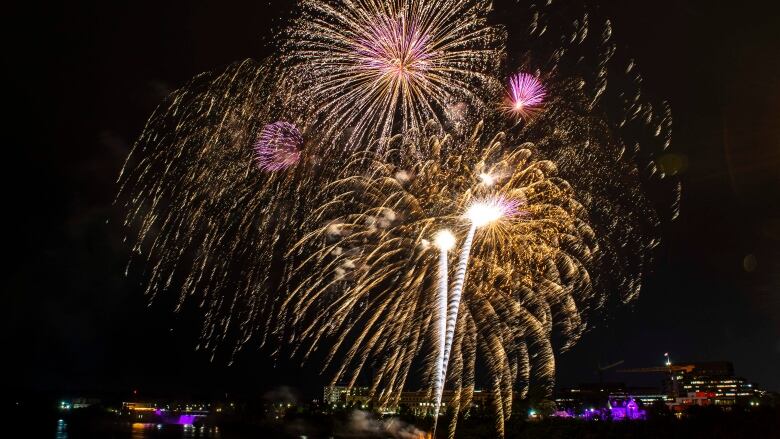 Fireworks explode in the air above the Ottawa River as Earnscliffe, the official residence of the British High Commissioner to Canada, bottom right, is lit up in purple light to celebrate the Queens Platinum Jubilee June 2, 2022.