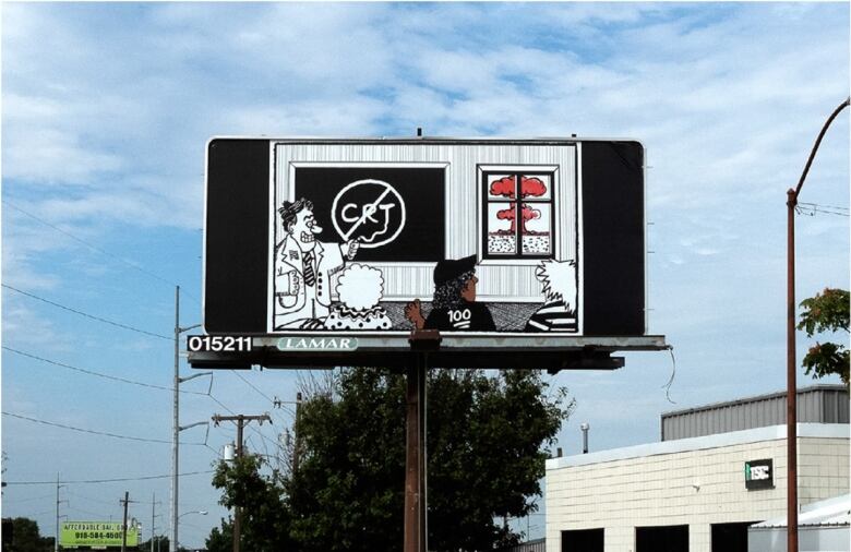 Photo of a cartoon on a city billboard.