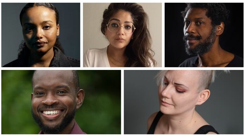 Collage of headshots of the artists Azza El Siddique, Divya Mehra, Stanley Fvrier, Krystle Silverfox and Tyshan Wright.