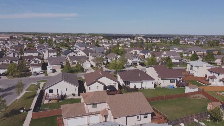 An aerial view of homes in a subdivision.