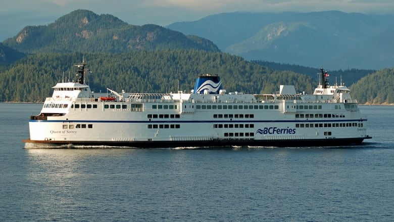 A large ferry is seen on the sea, framed by mountains and hills.