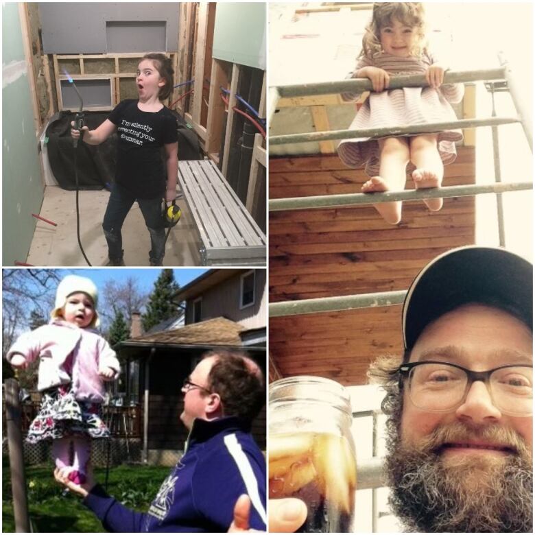 Collage of young girl smiling with lit blowtorch, same girl using power saw, and girl climbing on scaffolding as her dad smiles to camera.