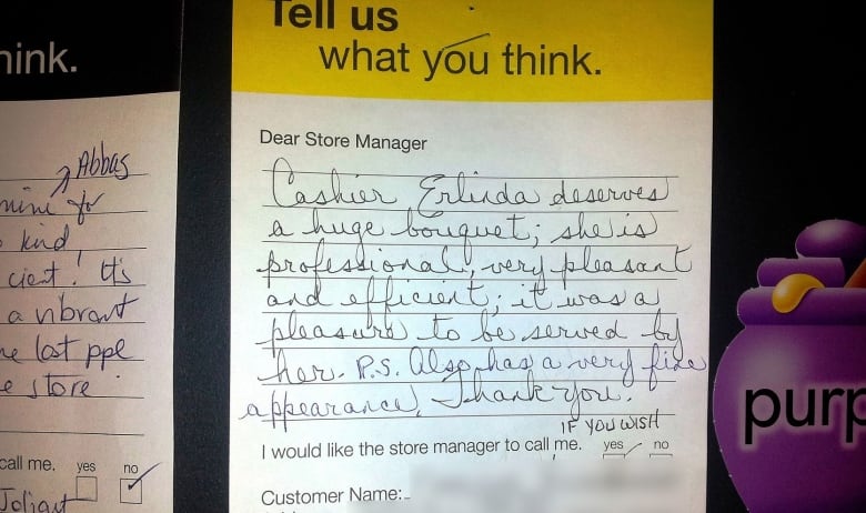 A note of thanks written for a grocery store clerk.