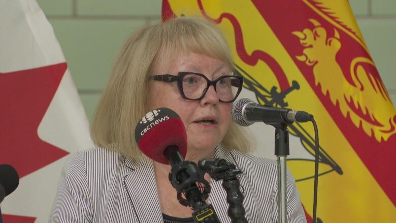 A woman with blond hair and glasses stands in front of the NB flag and behind a microphone.