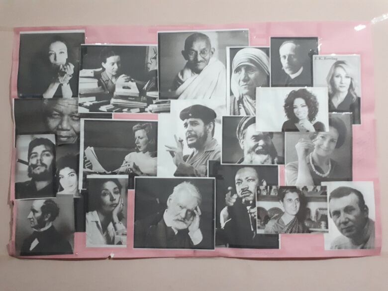 A poster shows world famous leaders and thinkers from Martin Luther King Jr. to Mother Teresa to Oprah Winfrey. 