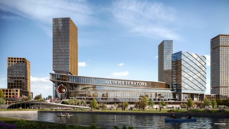 An arena with the Ottawa Senators name and logo next to a waterway and surrounded by highrises.