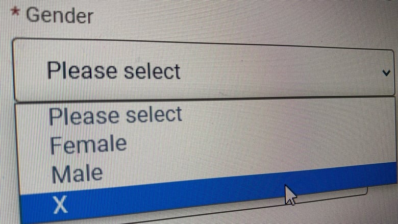 screen asking to select your gender between the options female, male and X.