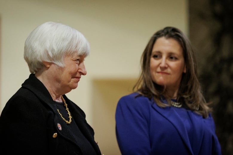 Canadian Deputy Prime Minister and Minister of Finance Chrystia Freeland meets with U.S. Treasury Secretary Janet Yellen take part in an official welcome to Canada, at the Royal Ontario Museum, in Toronto, on June 20, 2022.