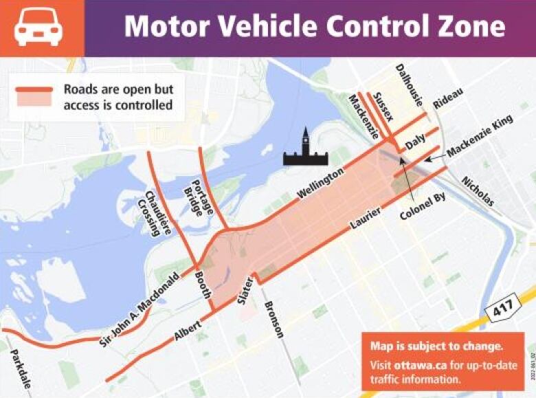 A map of police checkpoints in Ottawa.