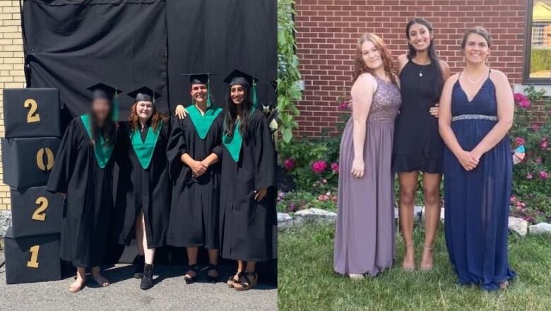 Groups of teenage girls stand in prom dresses and high school graduation gowns.